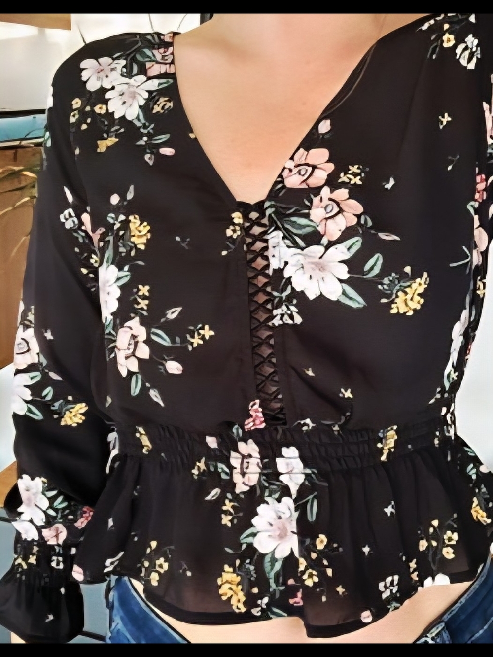 H&M Black Floral Long-Sleeve Peplum Top with Lace V-Detail